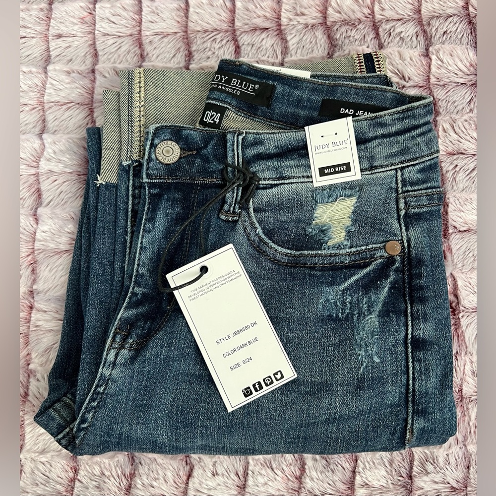 Judy Blue Mid Rise Distressed Denim Dad Jeans
